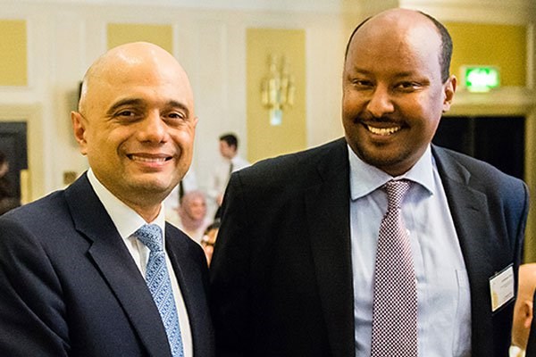 Dahabshiil Chief Executive Officer Abdirashid Duale with British Secretary of state for communities and local government Sajid Javid on March 28, 2017 during Muslim News Awards for excellence in London. PHOTO | COURTESY